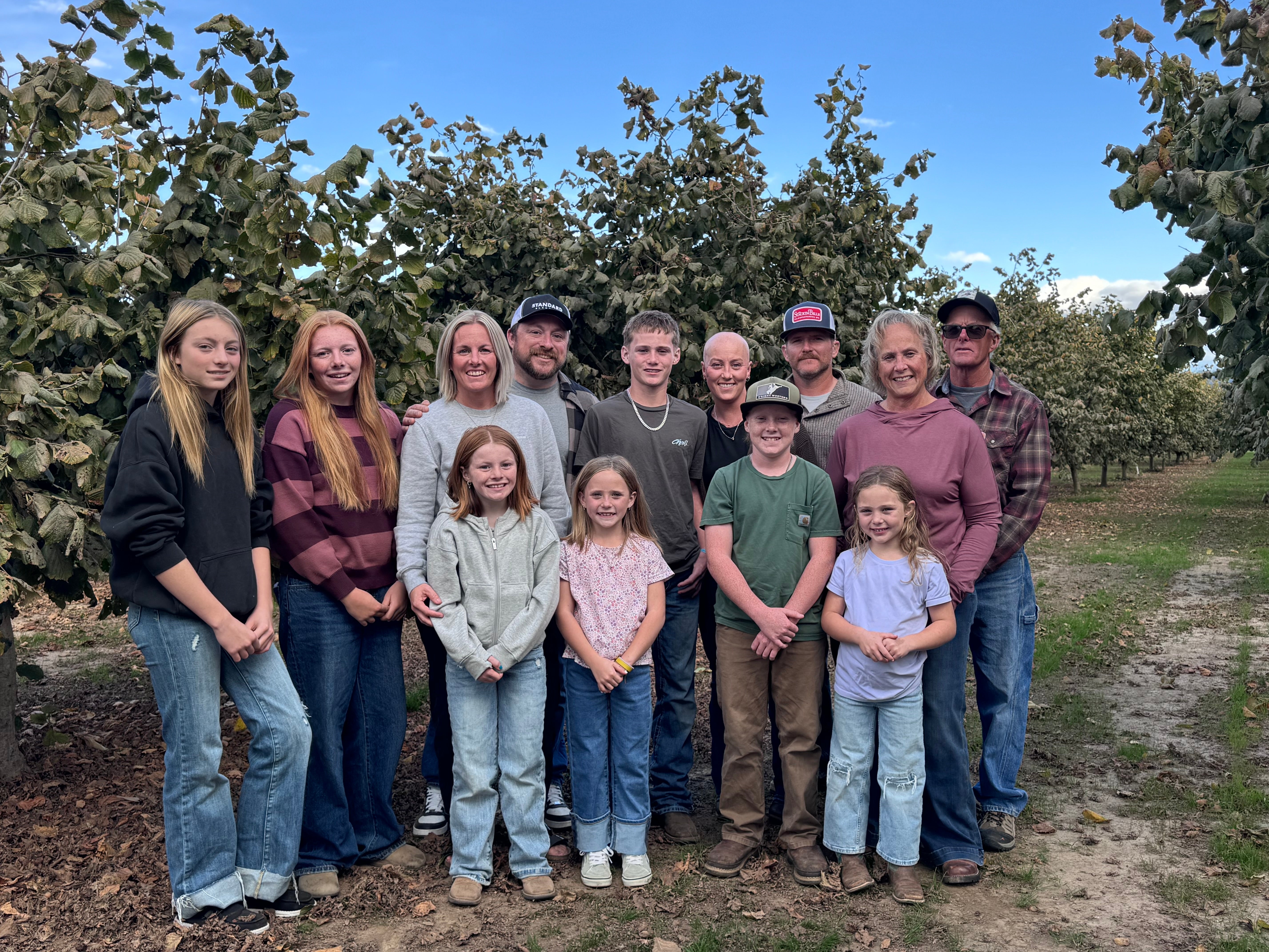 The King family together in their hazelnut orchard